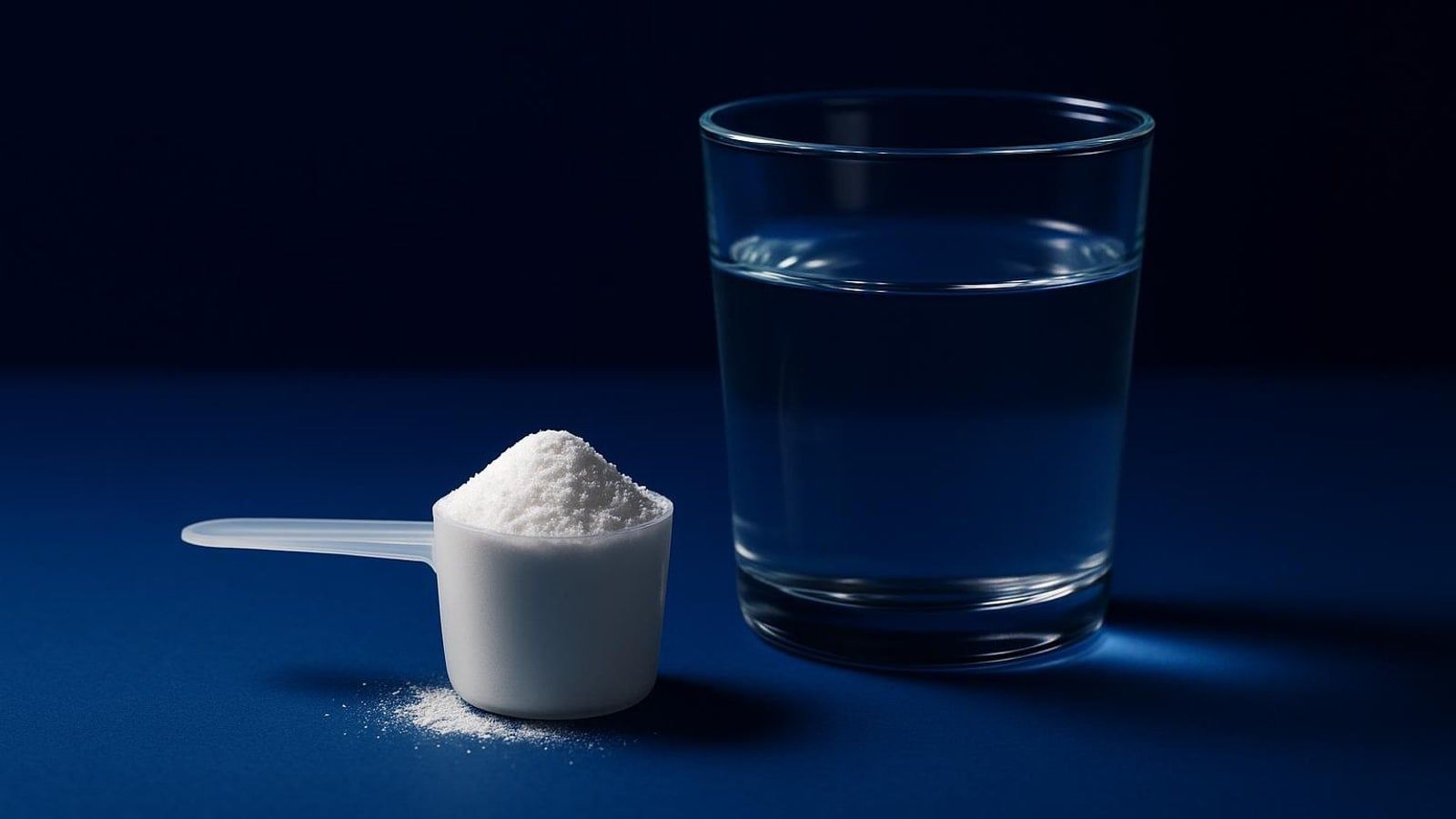 A scoop of white creatine powder beside a glass of water on a deep blue background