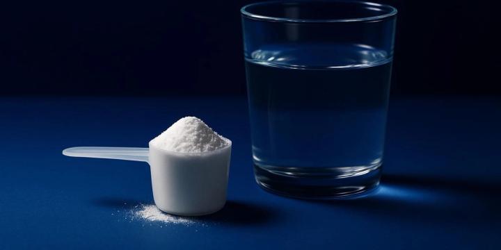 A scoop of white creatine powder beside a glass of water on a deep blue background