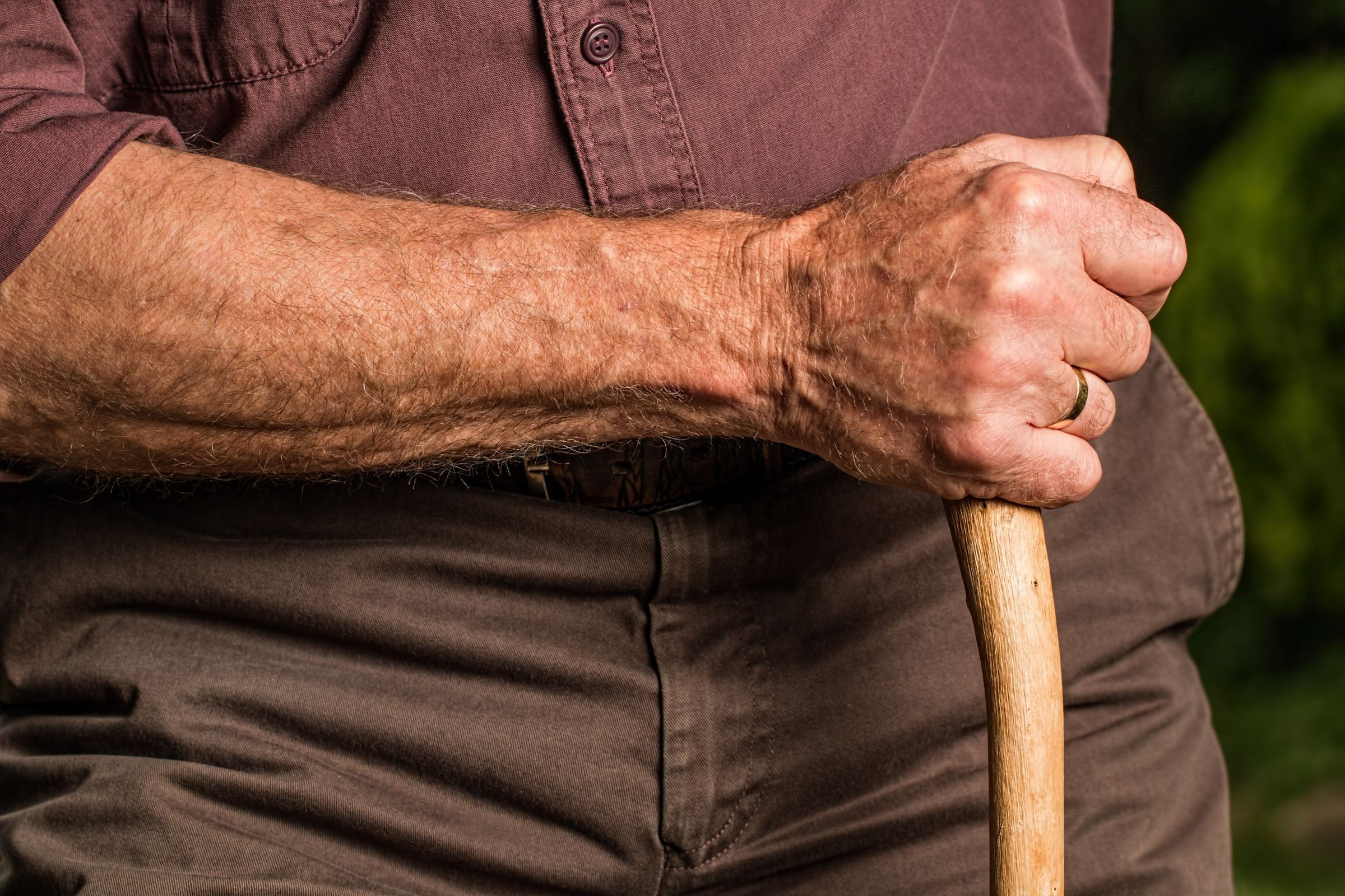 An older man's weathered hand gripping a wooden cane, with a ring on one finger and a brown shirt and trousers visible.