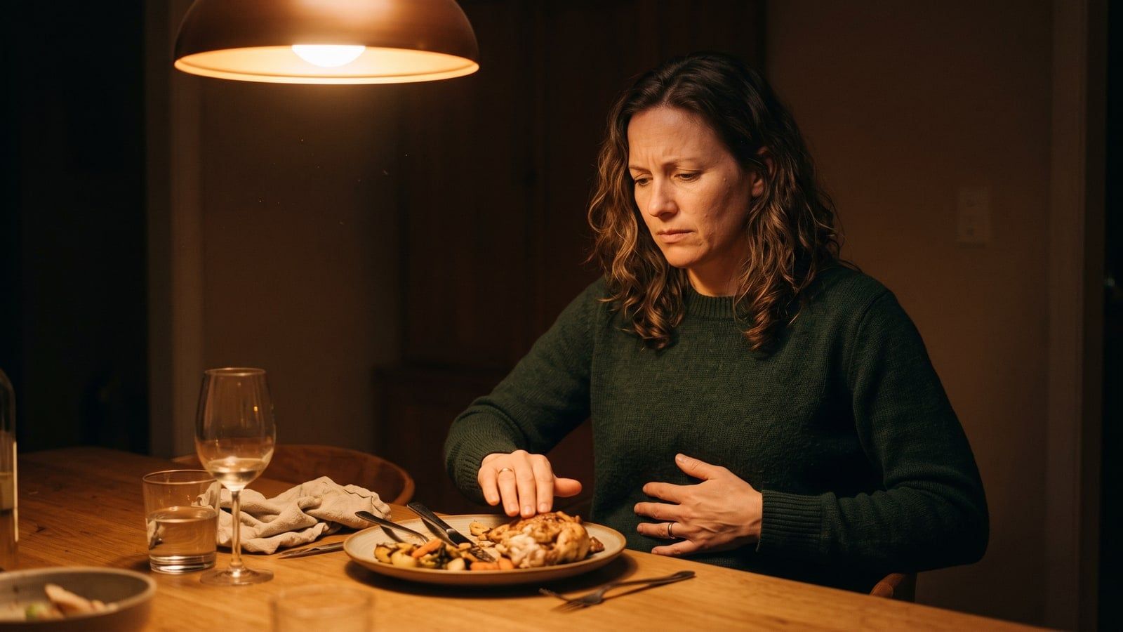 A woman at a lamplit dinner table pushing her plate away with a hand on her stomach