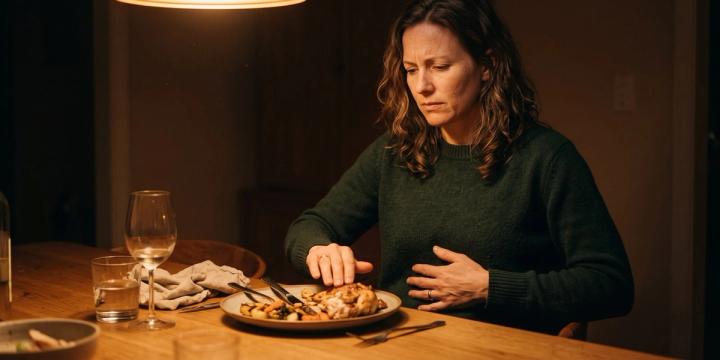 A woman at a lamplit dinner table pushing her plate away with a hand on her stomach