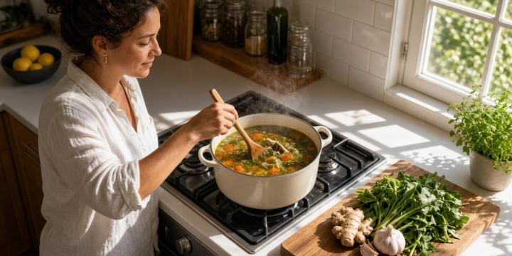 A woman stirring a pot of vegetable and bone broth soup at a sunlit stove