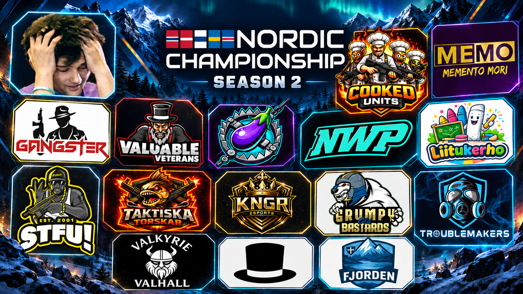 A promotional poster for the Nordic Championship Season 2, displaying Nordic flags, a player's headshot, and a grid of 16 distinct team logos, set against a mountain landscape with the Northern Lights.