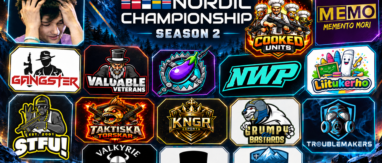 A promotional poster for the Nordic Championship Season 2, displaying Nordic flags, a player's headshot, and a grid of 16 distinct team logos, set against a mountain landscape with the Northern Lights.