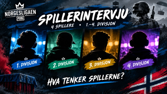 Promotional graphic for Norgesligaen PUBG announcing player interviews from divisions 1-4, featuring silhouettes of four players and game elements.