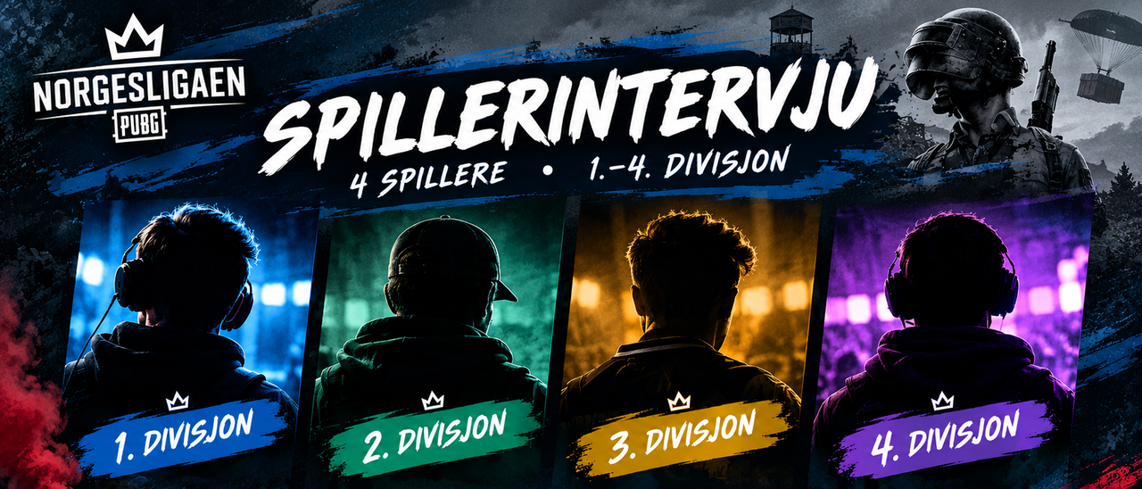 Promotional graphic for Norgesligaen PUBG announcing player interviews from divisions 1-4, featuring silhouettes of four players and game elements.