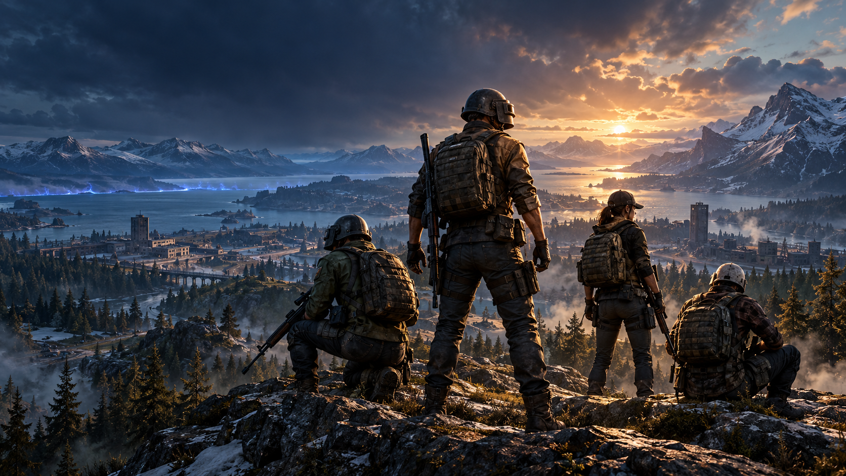 Four tactical operators on a mountain overlooking a city, lake, and snow-capped mountains at sunrise.