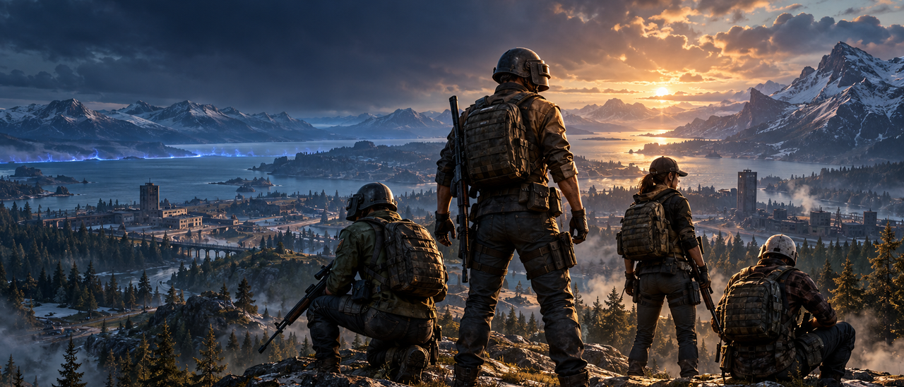 Four tactical operators on a mountain overlooking a city, lake, and snow-capped mountains at sunrise.