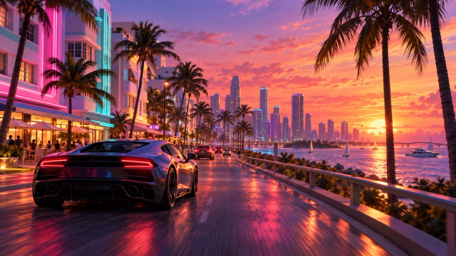 A sports car drives along a neon-lit coastal road at sunset, with palm trees and a city skyline.