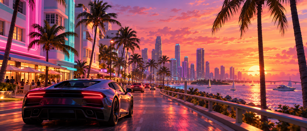 A sports car drives along a neon-lit coastal road at sunset, with palm trees and a city skyline.