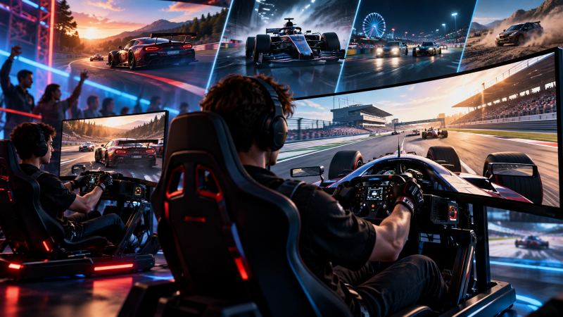 Two players in racing simulators with large multi-screen displays showing diverse racing games.