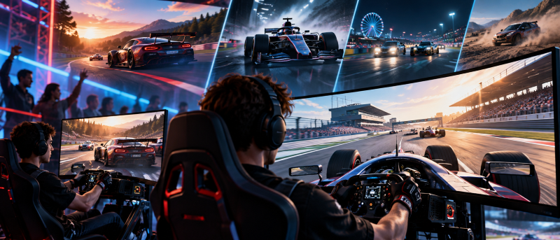 Two players in racing simulators with large multi-screen displays showing diverse racing games.