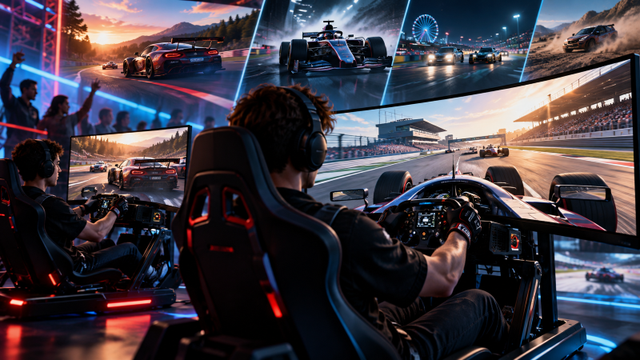 Two players in racing simulators with large multi-screen displays showing diverse racing games.
