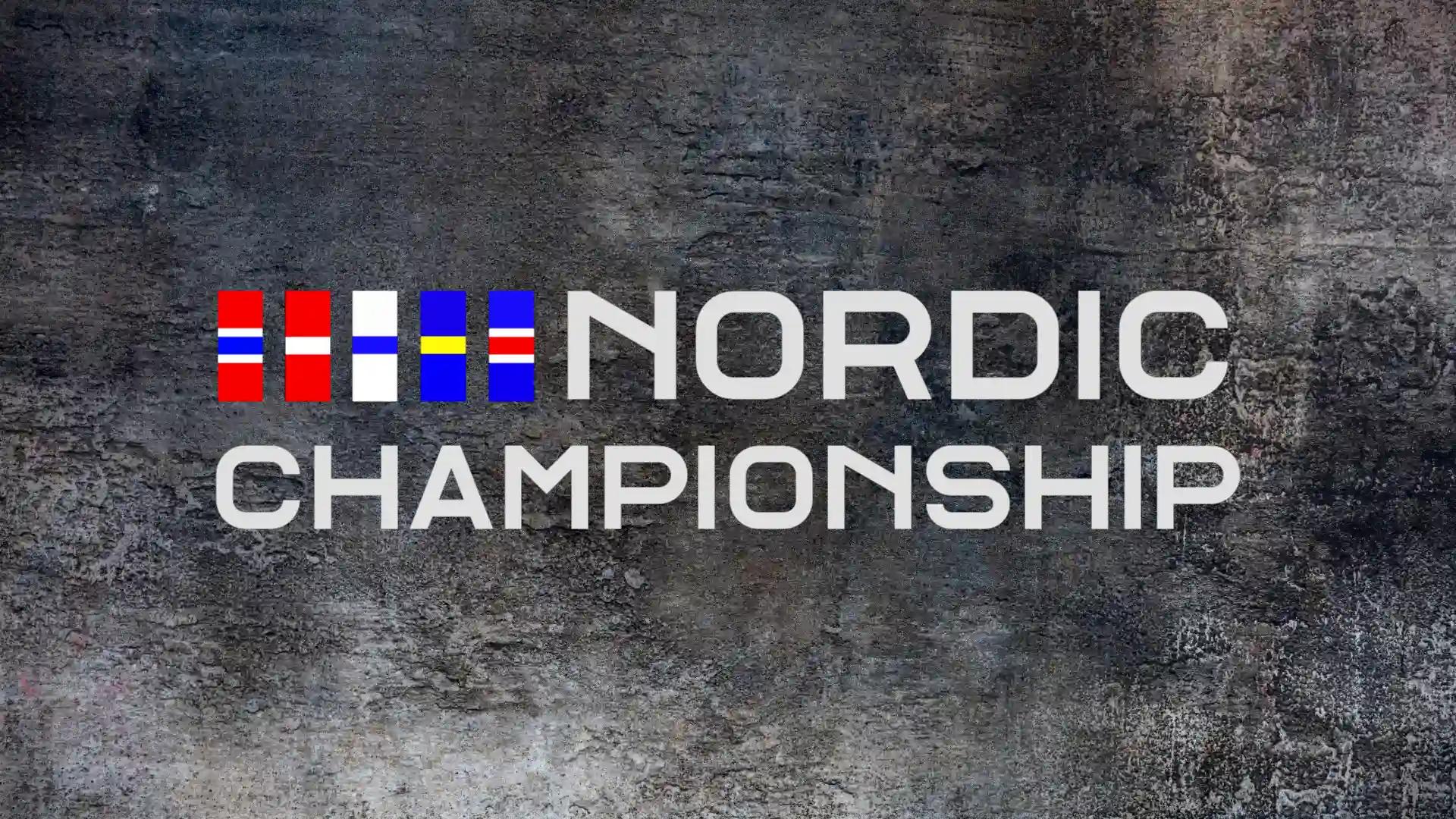 Text "NORDIC CHAMPIONSHIP" with five Nordic flags above it on a dark textured background.