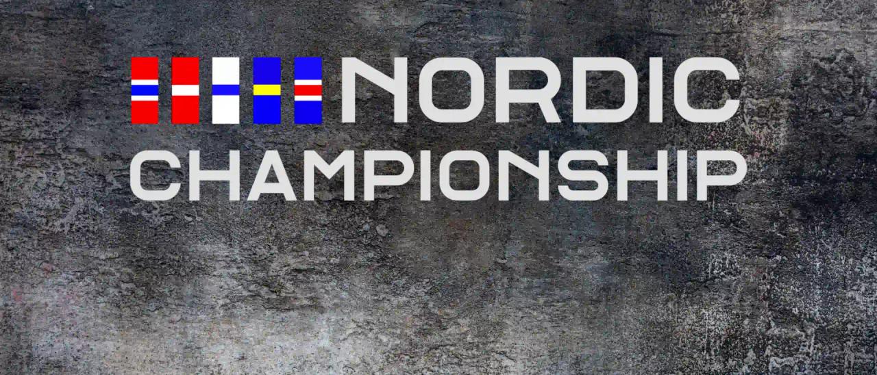 Text "NORDIC CHAMPIONSHIP" with five Nordic flags above it on a dark textured background.