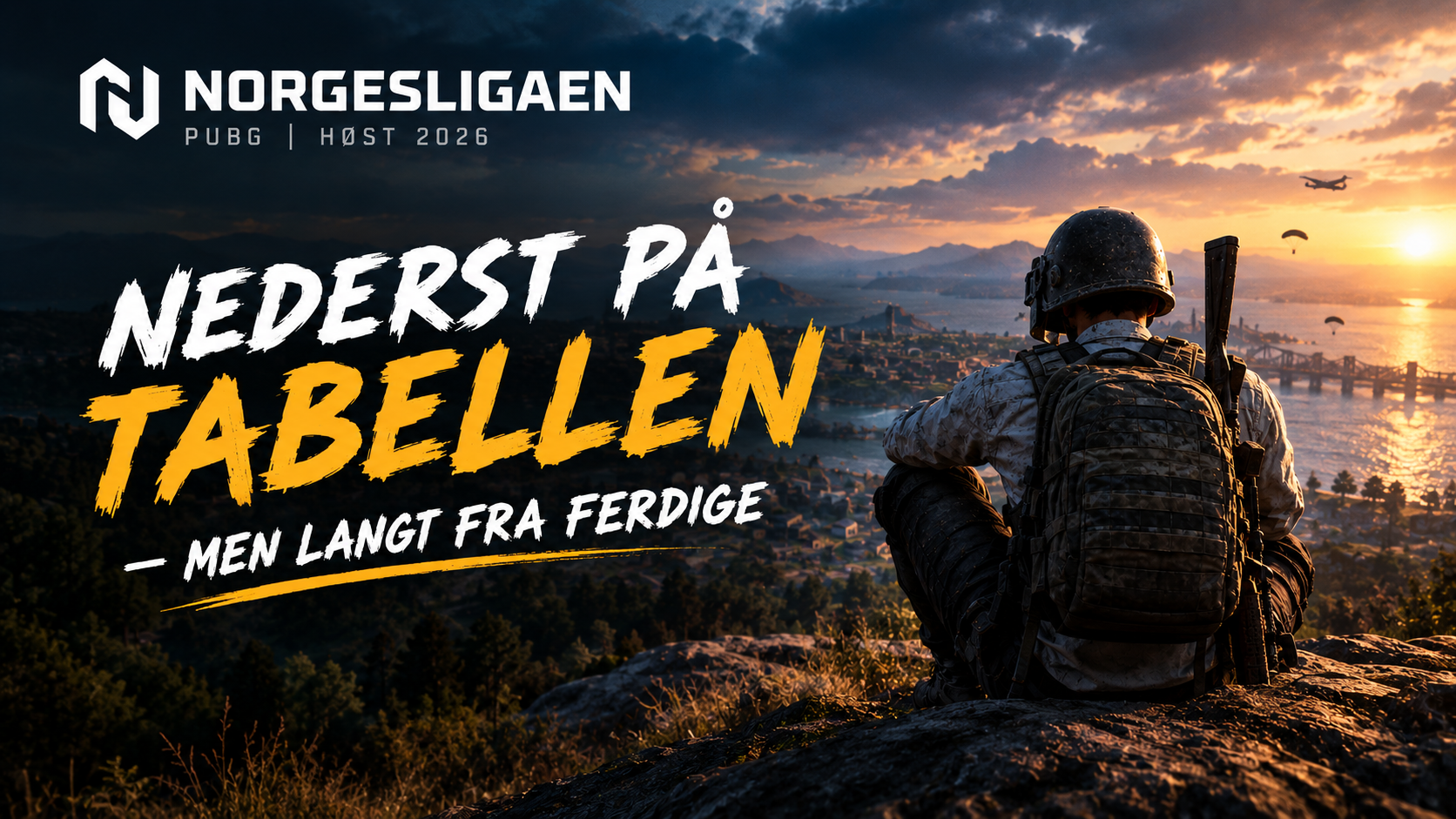 Norgesligaen PUBG Autumn 2026 graphic showing a player overlooking a city at sunset with parachuters in the sky. Text reads: "Bottom of the table – but far from finished."