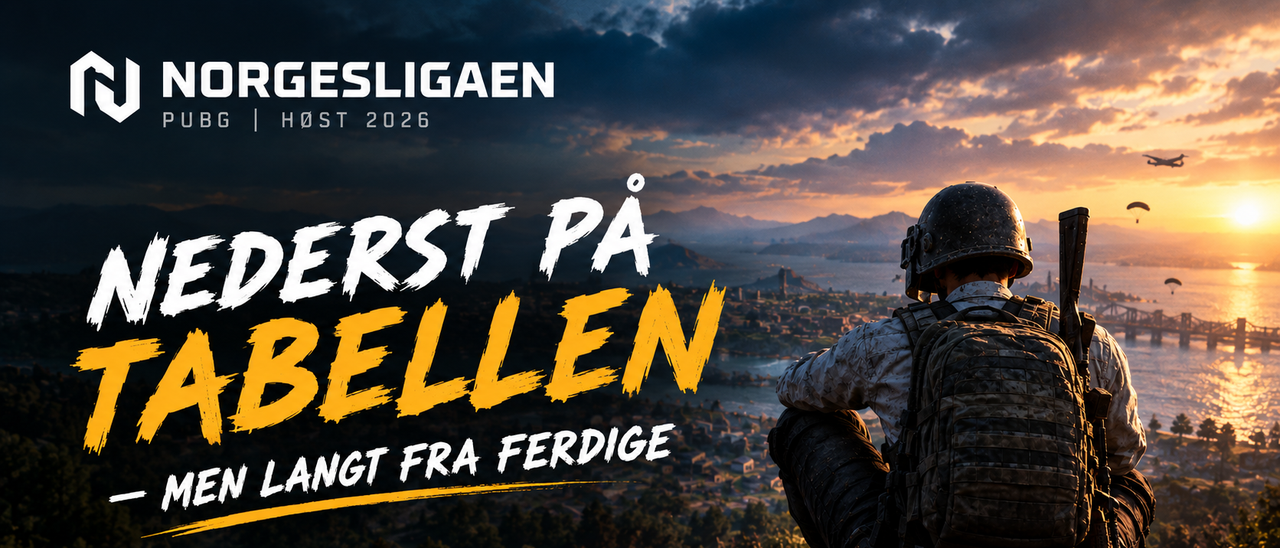 Norgesligaen PUBG Autumn 2026 graphic showing a player overlooking a city at sunset with parachuters in the sky. Text reads: "Bottom of the table – but far from finished."