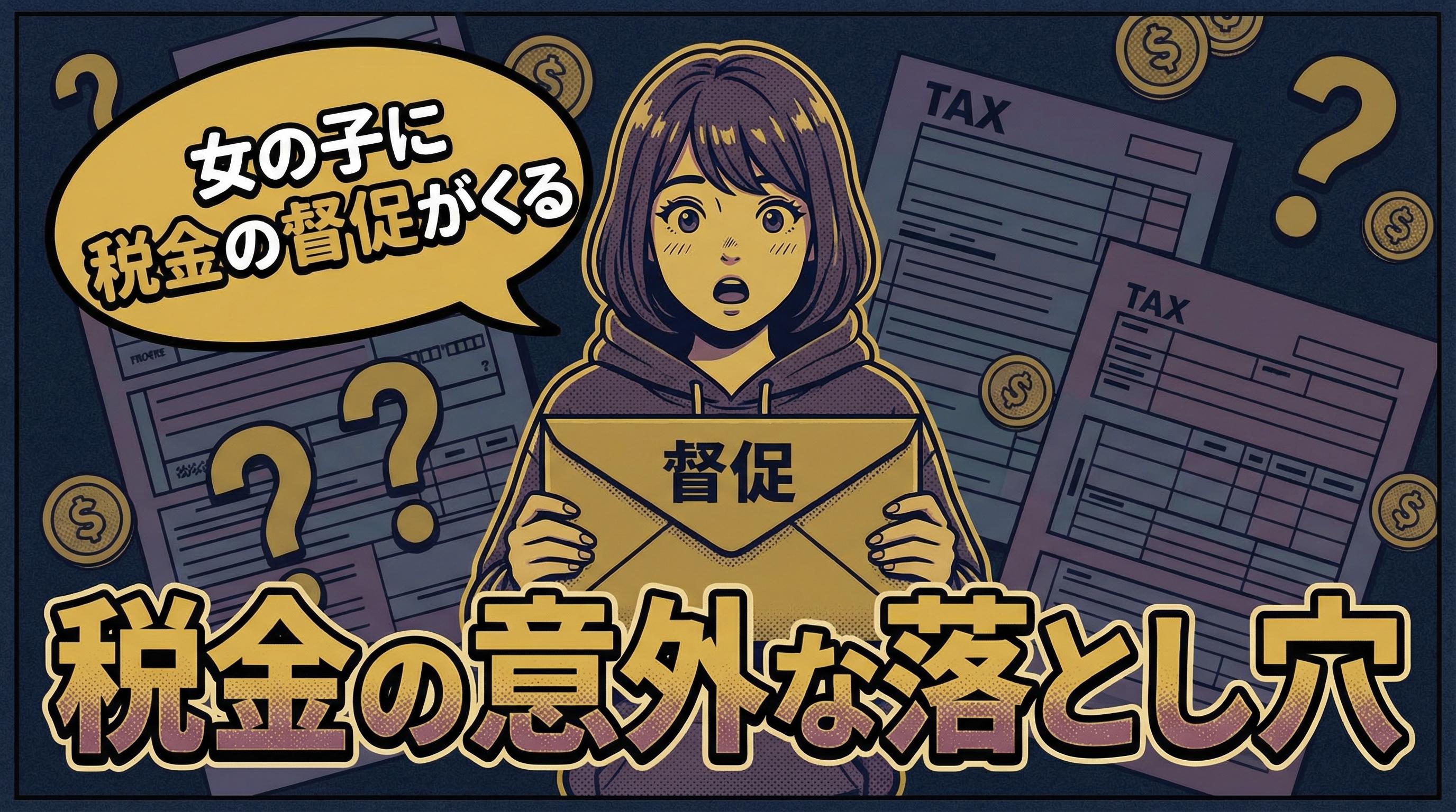 ポップな感じで「女の子に税金の督促がくる」ちょい暗めサムネ作って　 文字は税金の意外な落とし穴