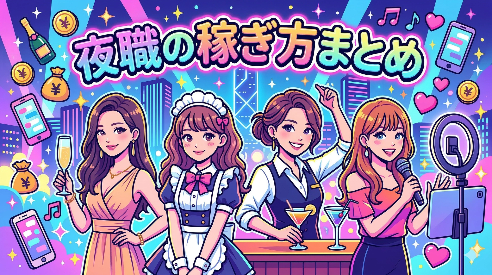 夜職の稼ぎ方まとめ｜キャバ・ラウンジ・コンカフェ・ガールズバー、自分に合うのはどれ？