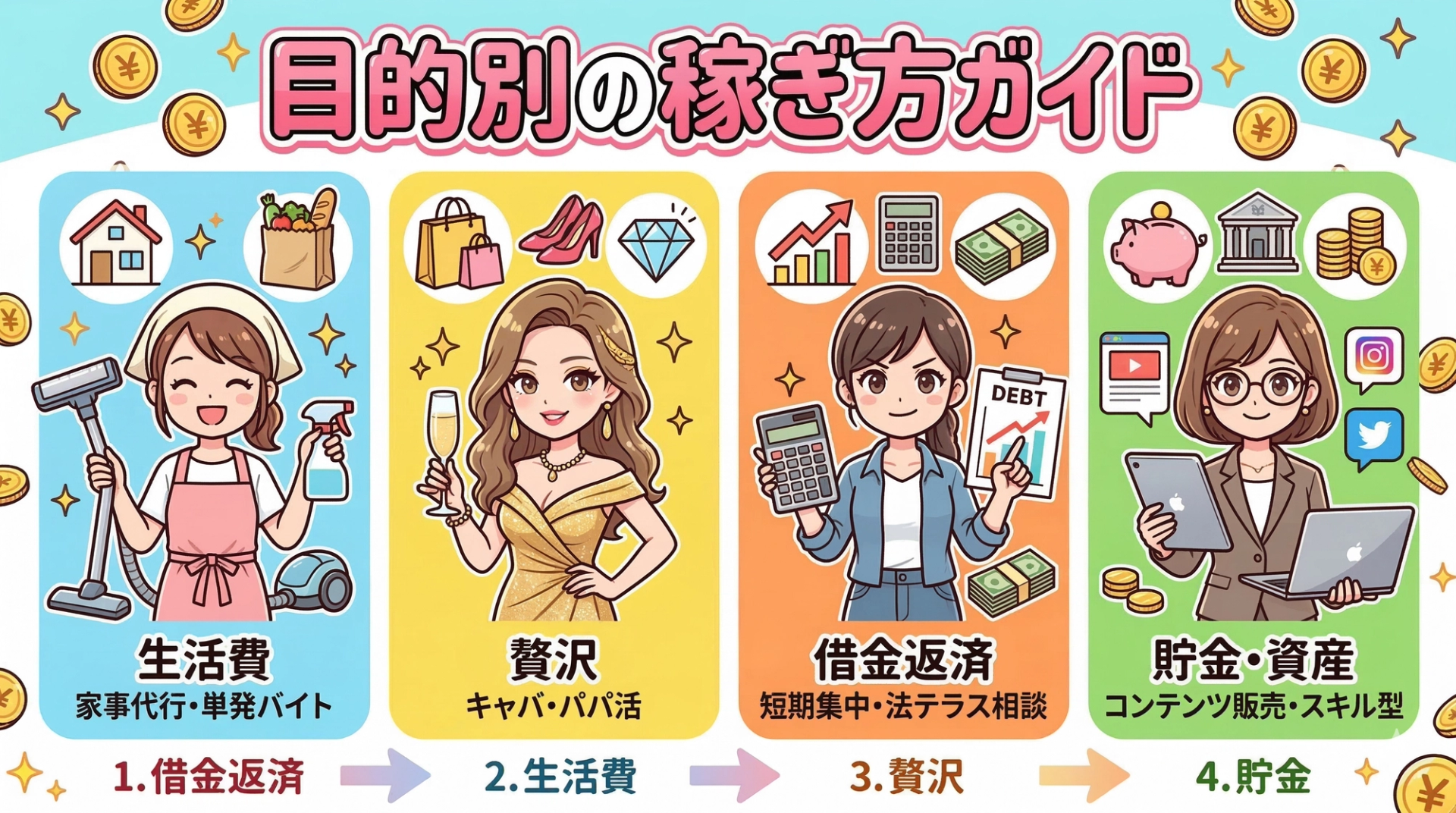 目的別の稼ぎ方ガイド｜生活費・贅沢・借金返済・貯金、目的で最適解は変わる