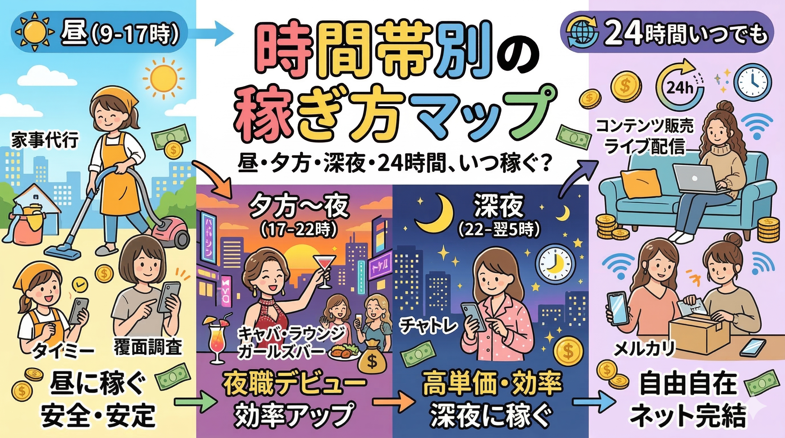 時間帯別の稼ぎ方マップ｜昼・夕方・深夜・24時間、いつ稼ぐ？