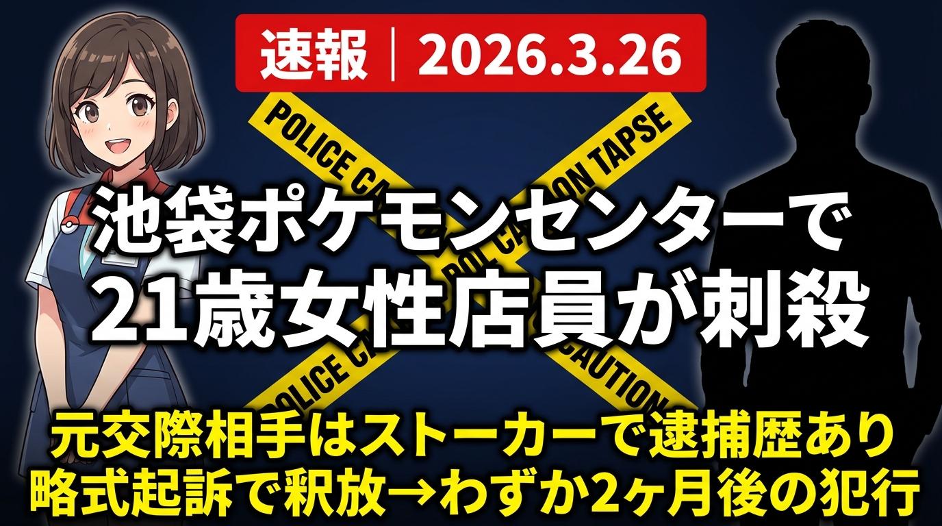 池袋ポケモンセンターで21歳女性店員が刺殺される。元交際相手の26歳男はストーカーで逮捕歴があった