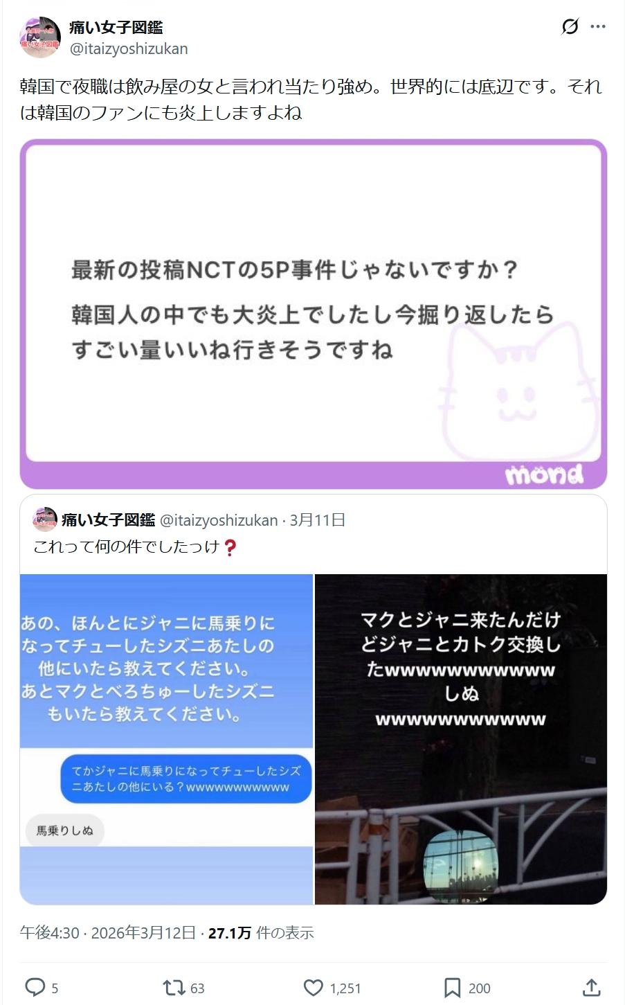 「痛い女子図鑑」アカウントの韓国夜職関連の投稿