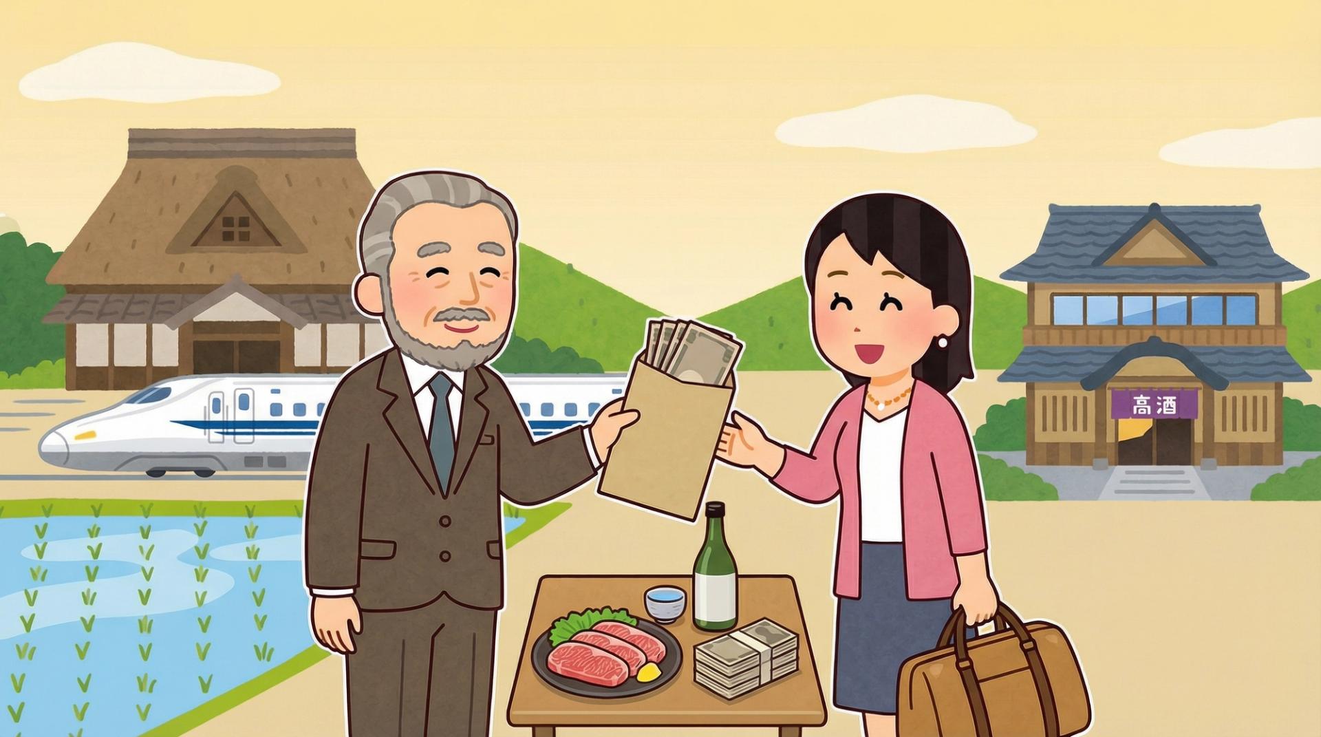 田舎でパパ活女子がお金を受け取っている様子を表したイラスト