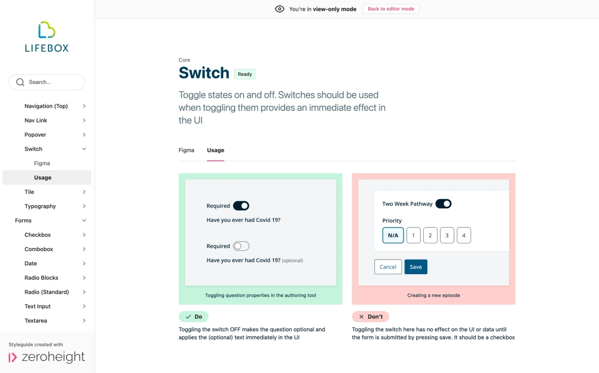 The Zeroheight site provides a clear structure and suitable components for explaining design decisions.