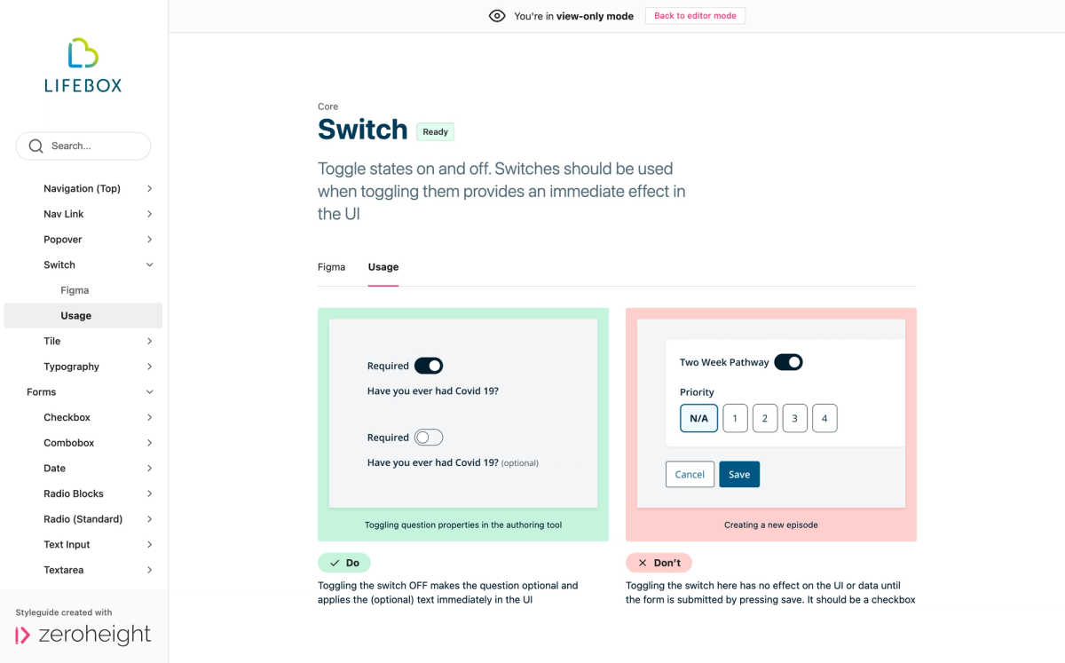 The Zeroheight site provides a clear structure and suitable components for explaining design decisions.
