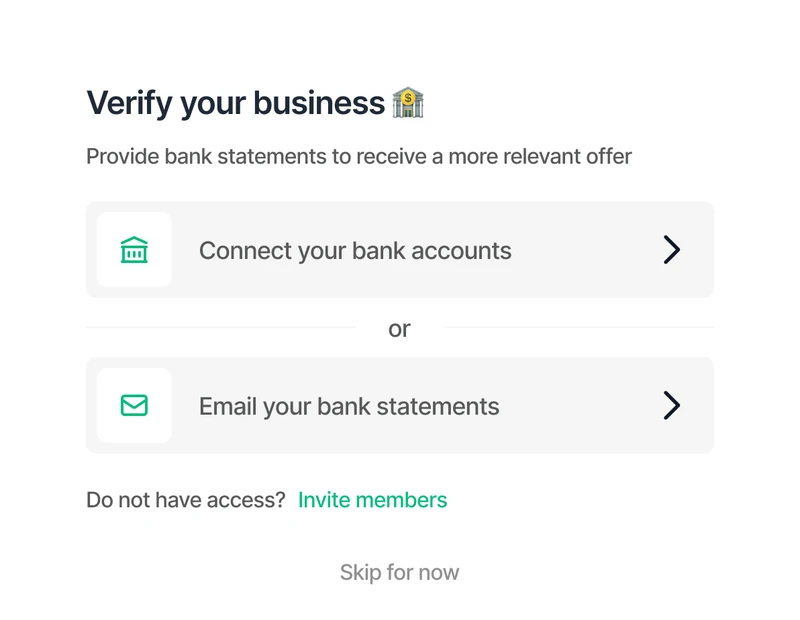 Mockup of a screen titled verify your business. two choices: connect your bank accounts or email your bank statements