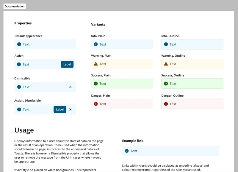 A Figma documentation page showing a properties table and alert variants in Info, Warning, Success, and Danger styles, with usage guidance and example links.