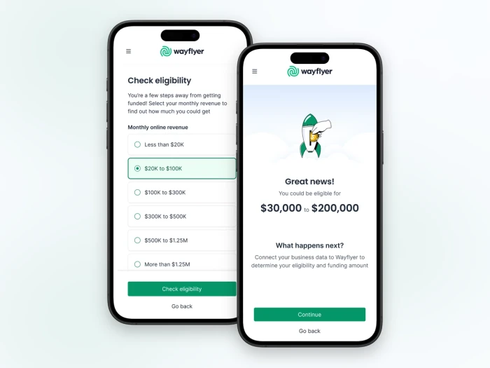 Welcoming onboarding users with a fairer value exchange. Asking for a customer's monthly revenue allowed us to give an idea of how much funding they could get. Predefined ranges with large target sizes make revenue input faster
