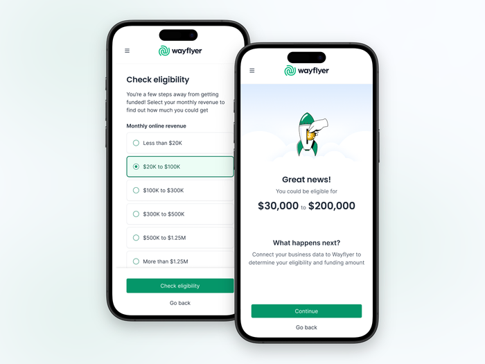 Welcoming onboarding users with a fairer value exchange. Asking for a customer's monthly revenue allowed us to give an idea of how much funding they could get. Predefined ranges with large target sizes make revenue input faster