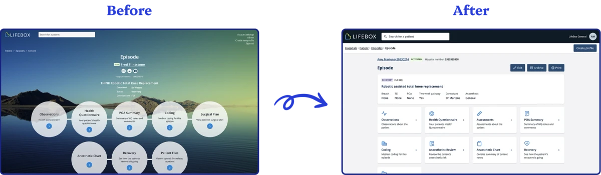 Before and after comparison of a hospital web app: the old version has a scenic background and circular navigation buttons; the new version has a clean white interface with rectangular cards and simplified navigation.