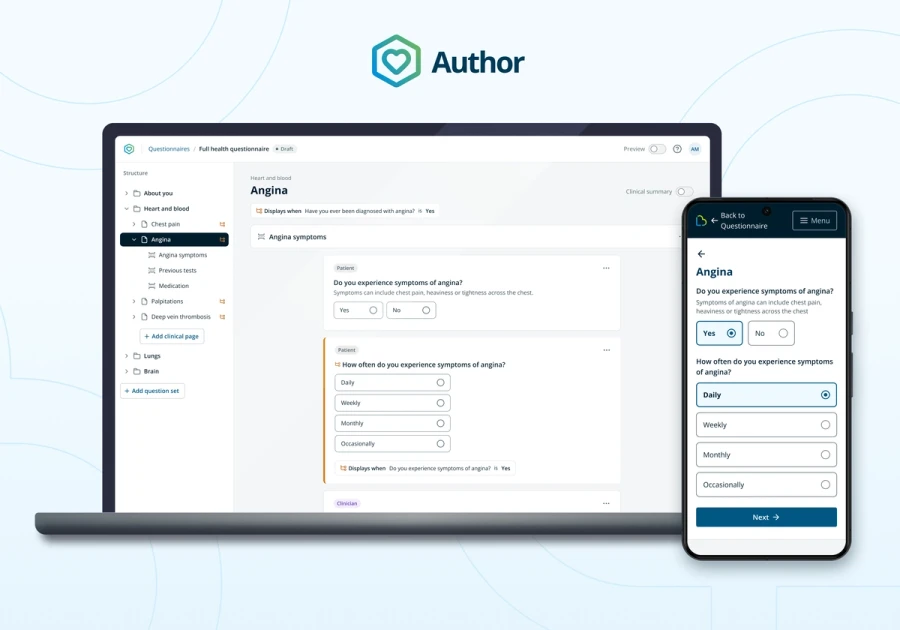 Mockup showing patient mobile experience and desktop author tool side by side
