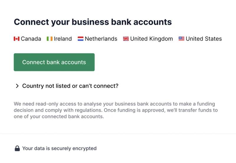 Screenshot of newer bank step where supported countries are listed above a button to connect bank accounts. there's an expanding element title 'country not listed or can't connect'?