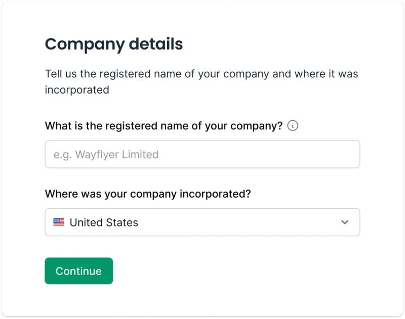 Company details screen. Features a form with two fields for collecting the registered name and country of incorporation of the company