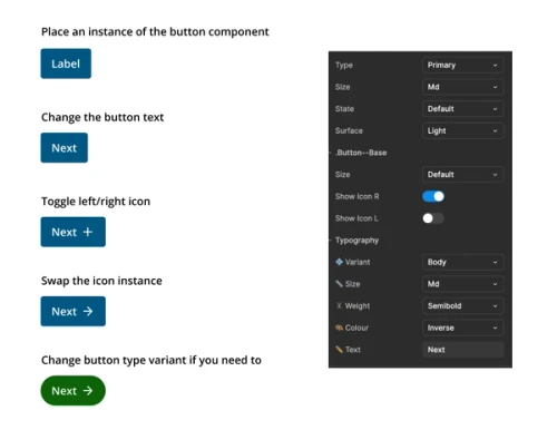 A Figma component guide showing labelled button examples alongside a panel displaying customisation options such as type, size, and colour.