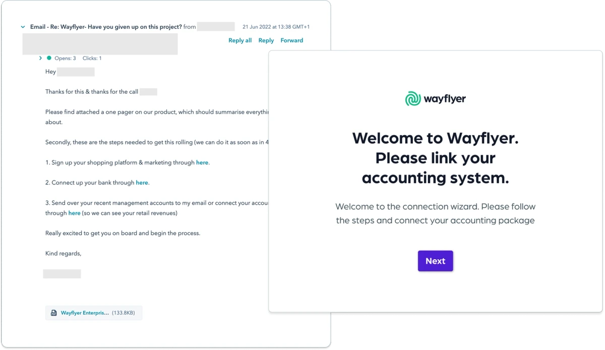 Screenshot of an email from Wayflyer to a founder, asking them to connect accounts. Shown alongside a screenshot of Codat's welcome screen, prompting the user to connect accounting systems
