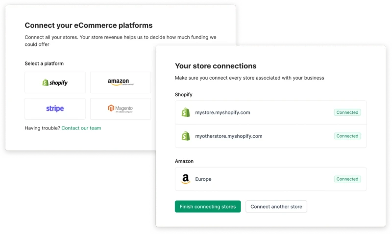 Two screenshots. One shows 6 ecommerce platforms and asks the user to connect. The other shows platforms that have already been connected. In this case, 2 shopify and 1 amazon store.