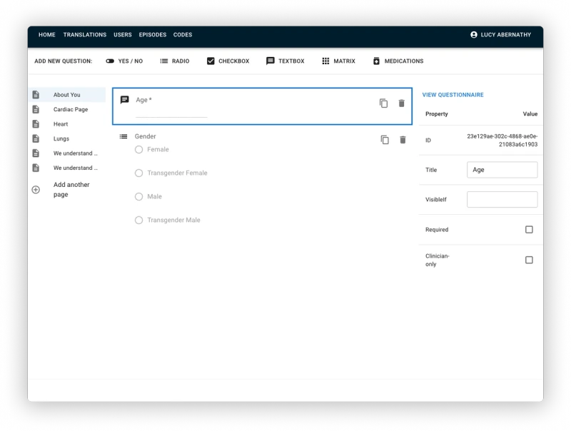 Screenshot of a web-based prototype of the questionnaire authoring experience