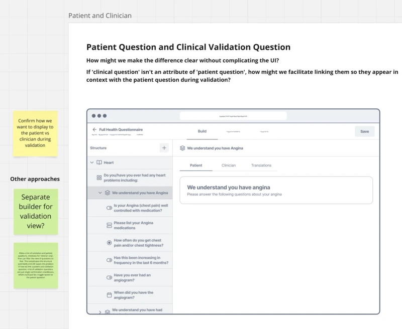 A low fidelity wireframe showing a tabbed editing canvas. one tab for patient and one for clinician