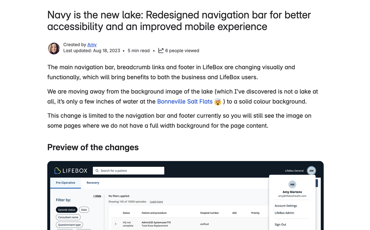 Example of a blog post about the redesigned navigation bar. Explaining design rationale helped to build trust in design across the business