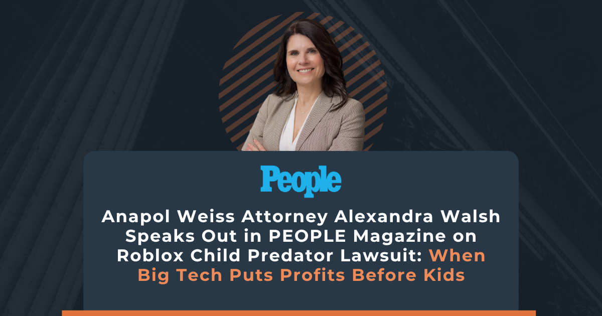 Image Anapol Weiss shareholder and Roblox child safety lawyer Alexandra Walsh featured in PEOPLE Magazine on Roblox child predator lawsuit