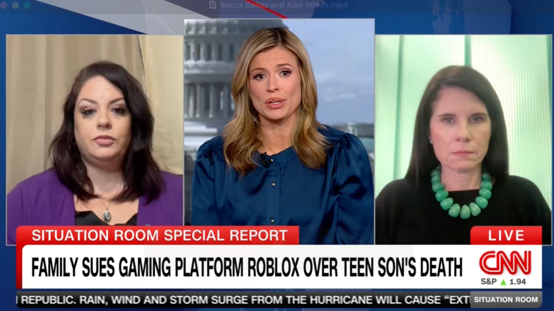 Image CNN Situation Room special report showing Becca Dallas and attorney Alexandra Walsh discussing the lawsuit against Roblox after teen Ethan Dallas died by suicide following online grooming.