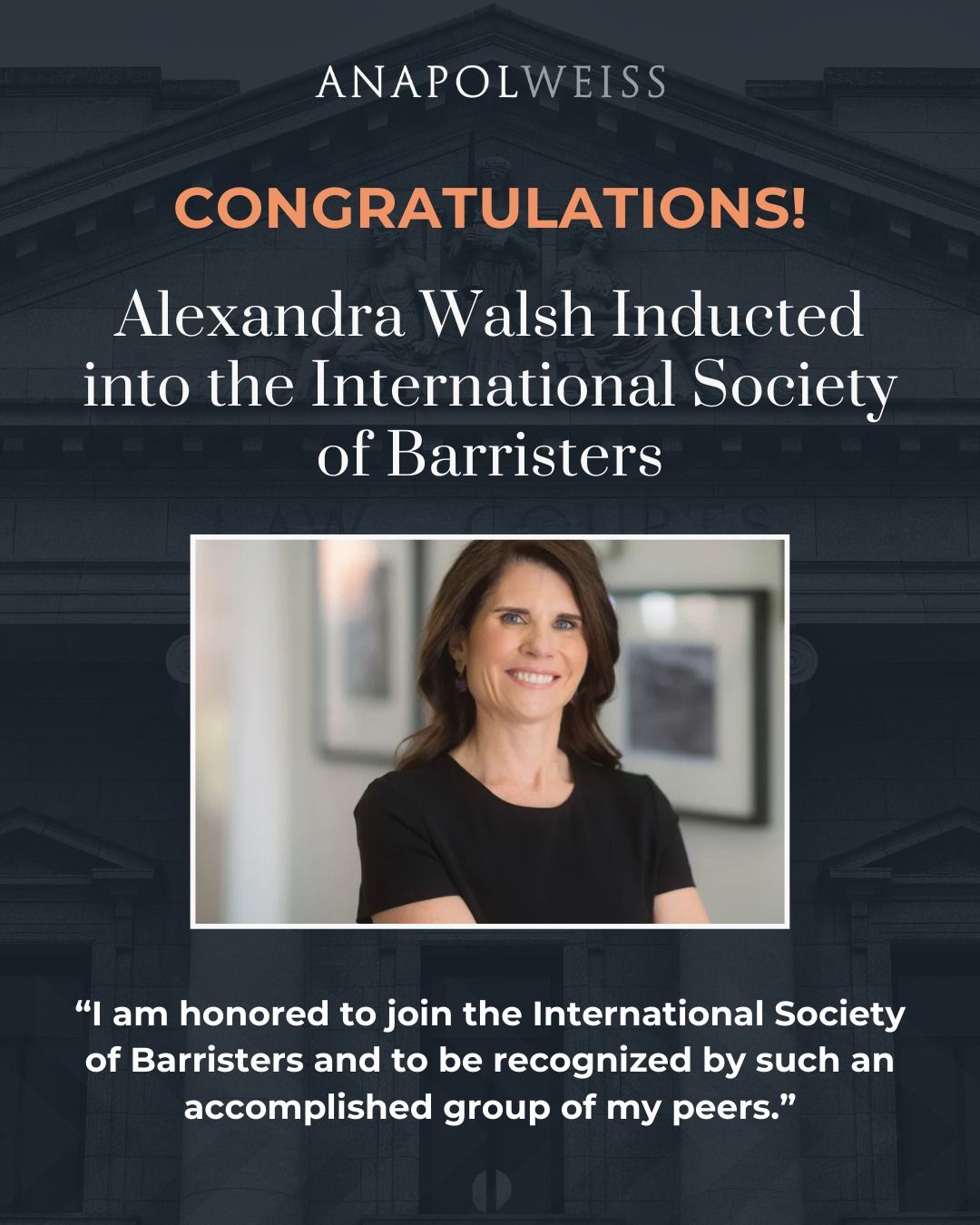 Alexandra Walsh of Anapol Weiss recognized for induction into the International Society of Barristers, highlighting her trial advocacy achievements
