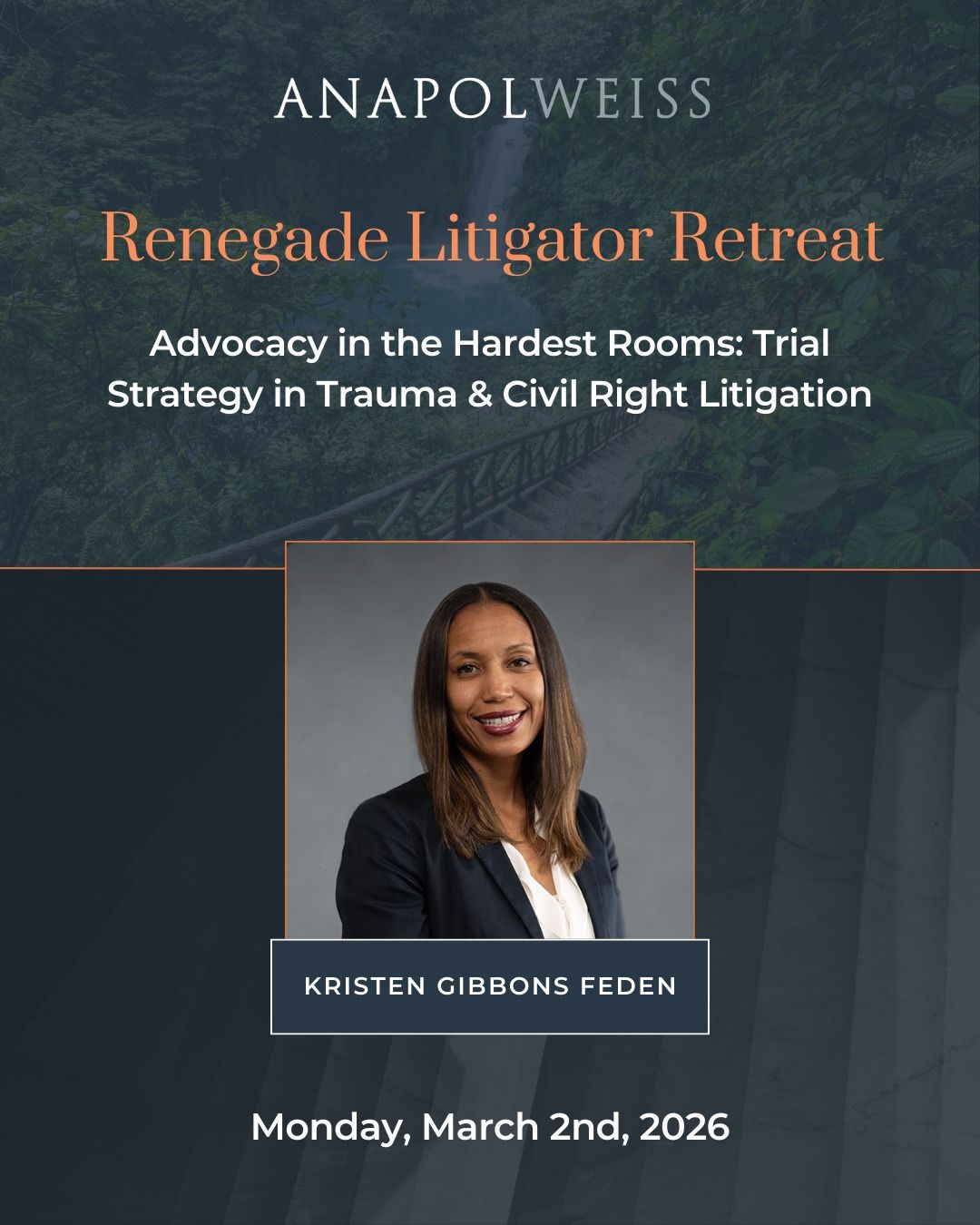 Kristen Gibbons Feden speaking at the Renegade Litigator Summit on trial strategy in trauma and civil rights litigation in Costa Rica