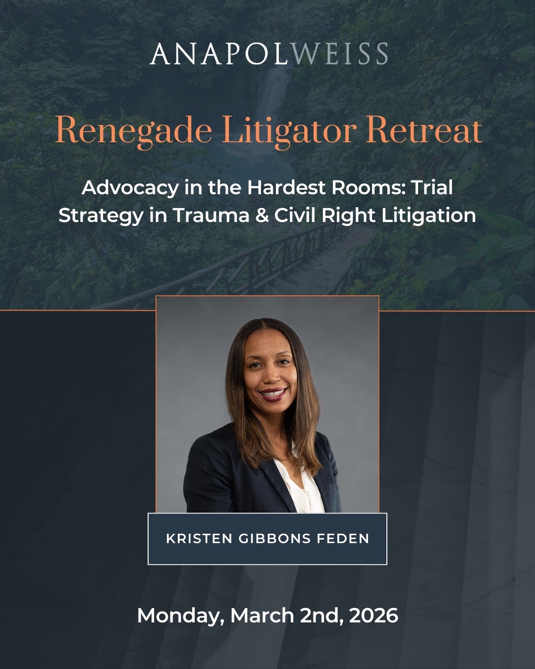 Image Kristen Gibbons Feden speaking at the Renegade Litigator Summit on trial strategy in trauma and civil rights litigation in Costa Rica