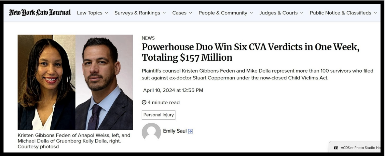 Image NEW YORK LAW JOURNAL- Powerhouse Duo Win Six CVA Verdicts in One Week, Totaling $157 Million